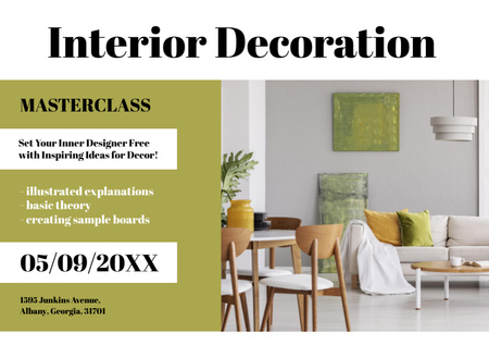 Plantilla de diseño de Interior Decoration Masterclass Ad with Modern Living Room Interior Flyer A5 Horizontal 