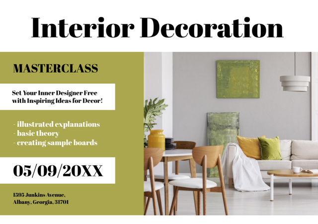 Interior Decoration Masterclass Ad with Modern Living Room Interior Flyer A5 Horizontal Tasarım Şablonu