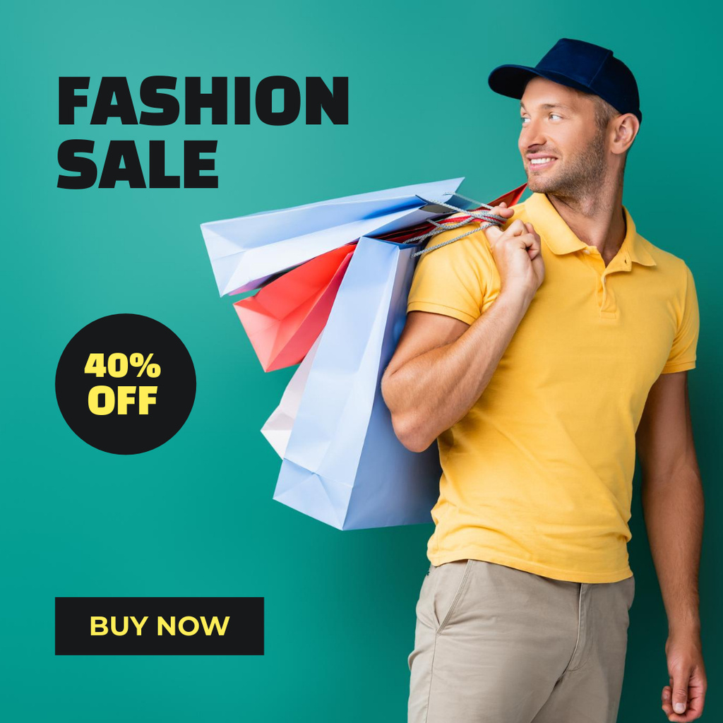 Fashion Sale Announcement with Man with Shopping Bags Instagram Tasarım Şablonu