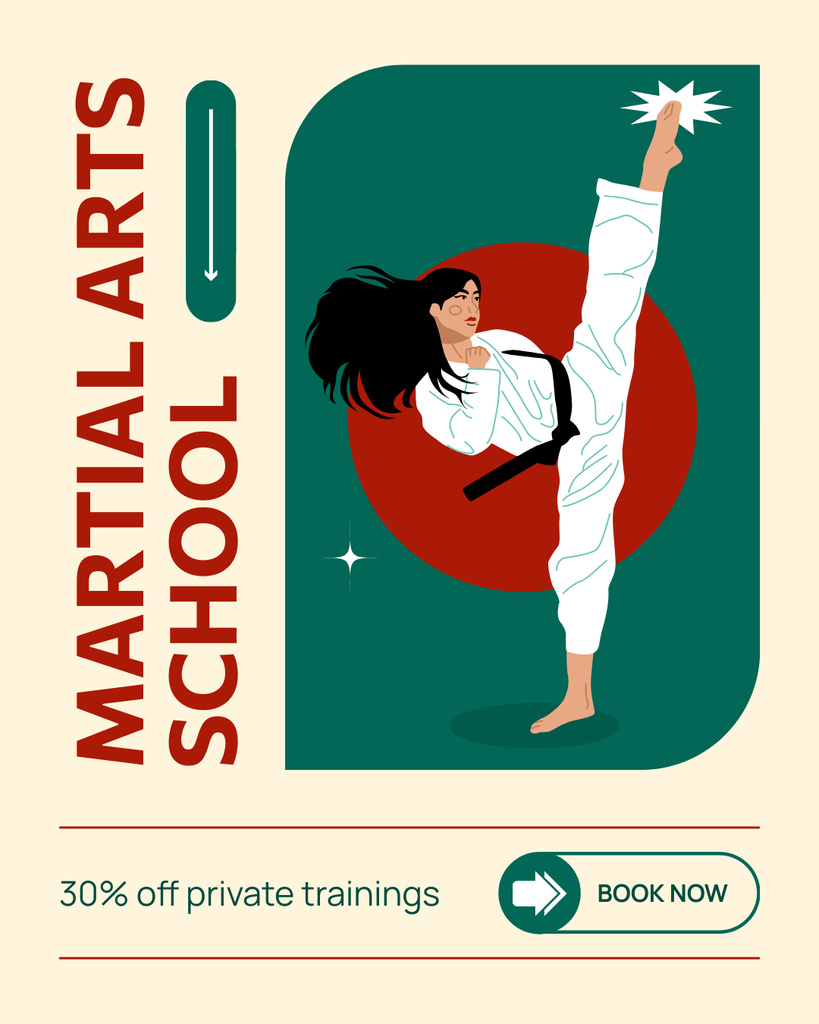 Martial Arts School Promo with Woman Karate Fighter Instagram Post Vertical Πρότυπο σχεδίασης