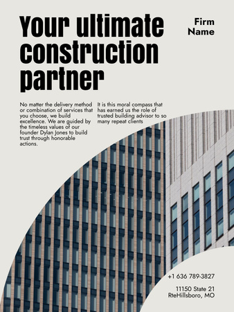 Template di design Annuncio della società di costruzioni con edifici commerciali moderni Poster US