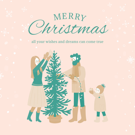 Merry Christmas Card with Family decorating Fir Tree with Garland Instagram Design Template