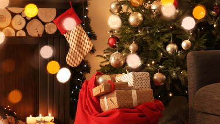 Modèle de visuel Cadeaux dans un sac près de l'arbre de Noël - Zoom Background
