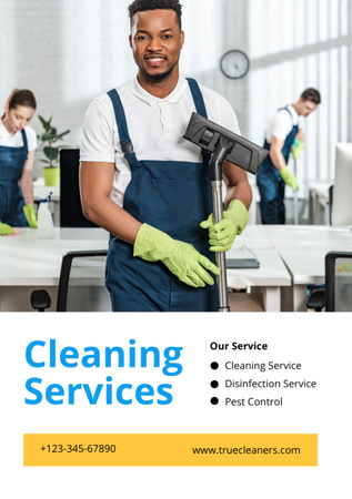 Designvorlage Cleaning Services Ad with Man in Uniform für Flyer A7