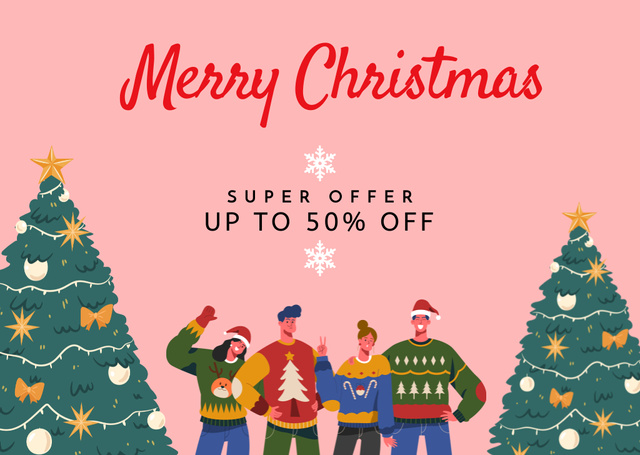 Happy People at Christmas Party And Sale Offer Card – шаблон для дизайна