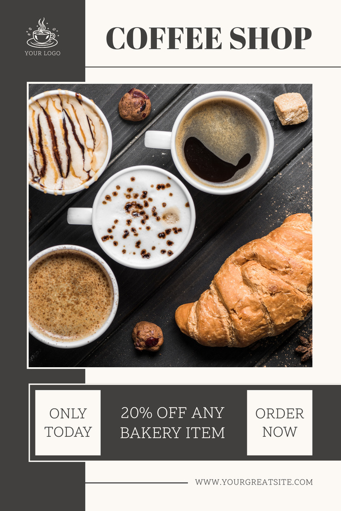 Ontwerpsjabloon van Pinterest van Tasty Croissant And Budget-friendly Coffee With Toppings Only Today Offer