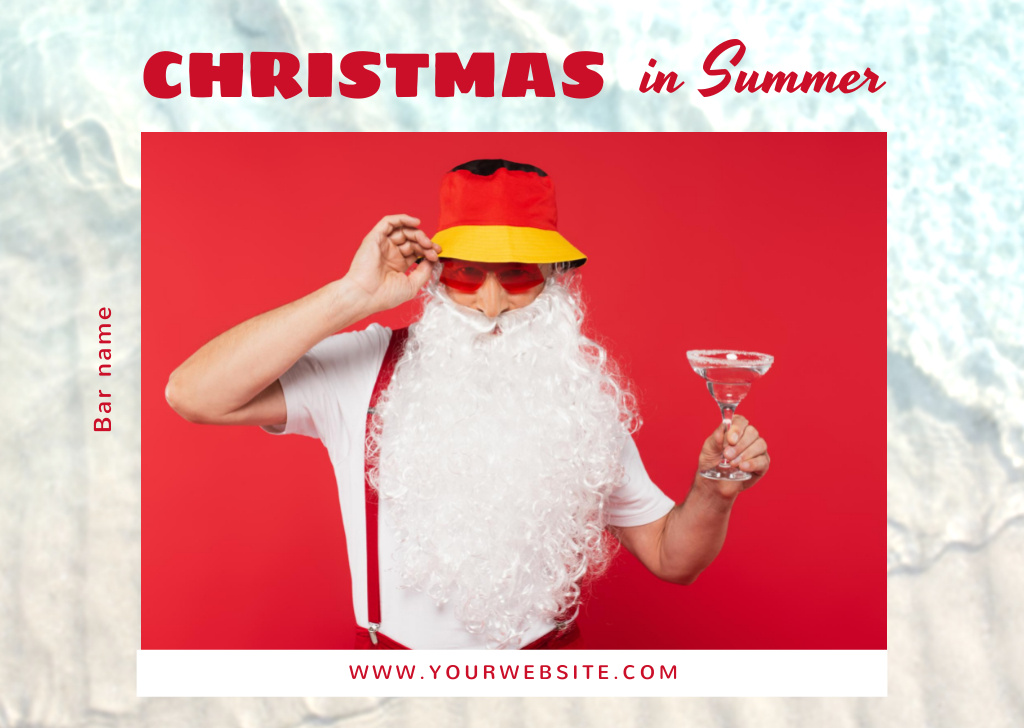 Man in Santa Costume With Glass of Cocktail And Bar Promotion Postcard – шаблон для дизайну
