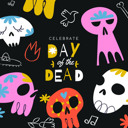 Day of Dead Celebration with Colorful Skulls Instagram tervezősablon