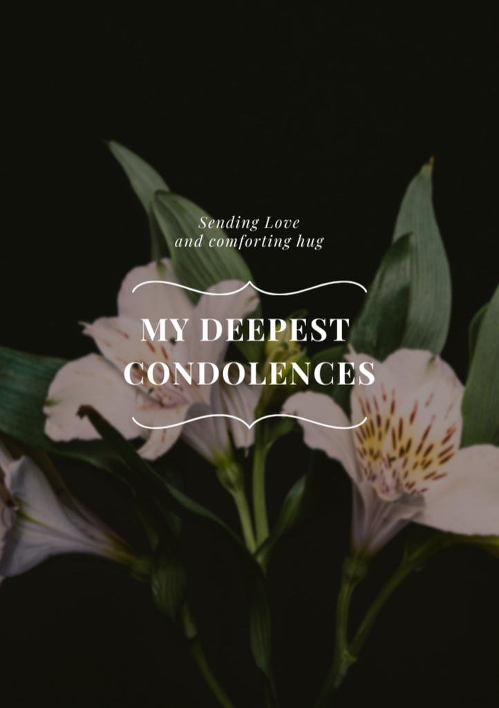 Designvorlage Deepest Condolences Phrase with Flowers Bouquet für Postcard A5 Vertical
