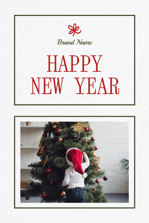 New Year Holiday Greeting with Child near Festive Tree Postcard 4x6in Vertical Design Template