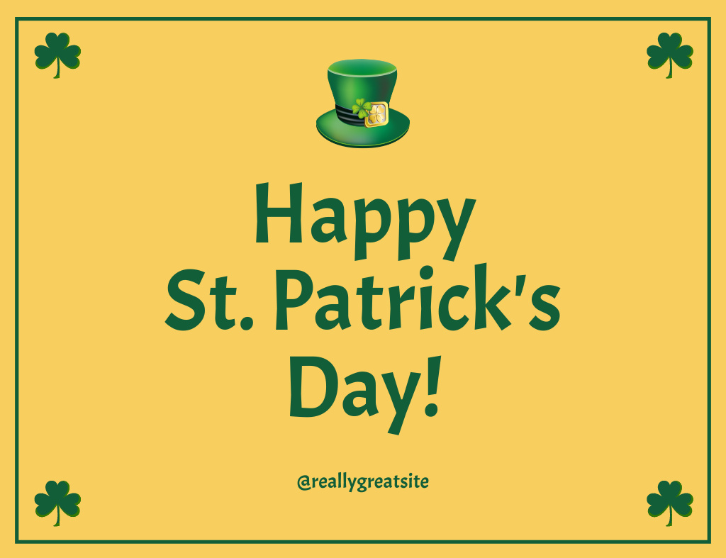 Happy St. Patrick's Day with Hat and Clover in Yellow Thank You Card 5.5x4in Horizontal Πρότυπο σχεδίασης