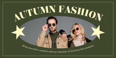 Advertising Autumn Collection with Couple in Sunglasses Twitter Design Template