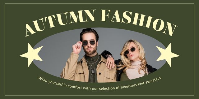 Template di design Advertising Autumn Collection with Couple in Sunglasses Twitter