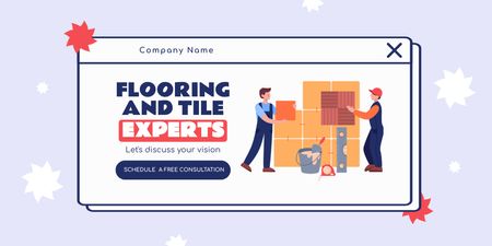Flooring & Tile Expert Services Ad with Illustration of Repairmen Twitter Design Template