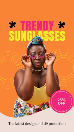 Designvorlage Trendy Sonnenbrillen-Werbung mit junger schwarzer Frau für Instagram Video Story