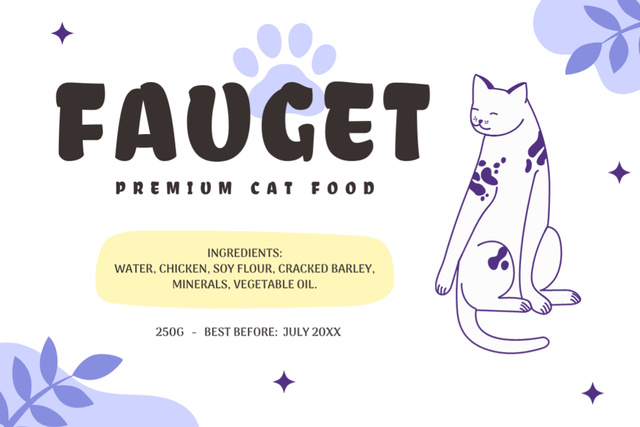 Premium Cat Food Tag with Purple Illustration Label Design Template