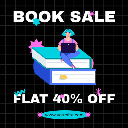 Book Special Sale Announcement with Cartoon Girl with Laptop Instagram tervezősablon