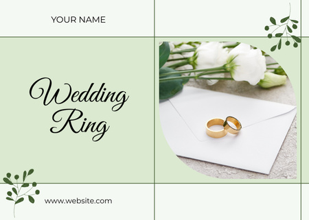 Designvorlage Golden Wedding Rings on White Envelope Near Eustoma Flowers für Postcard 5x7in