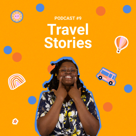 travel podcast θέμα ανακοίνωση με χαμογελαστή γυναίκα Podcast Cover Πρότυπο σχεδίασης