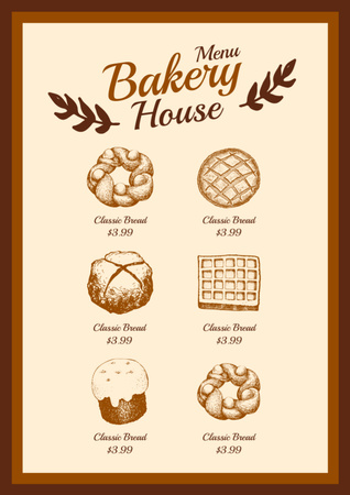 Bakery House ajánlatok bézs színű vázlat-illusztrációkkal Menu tervezősablon