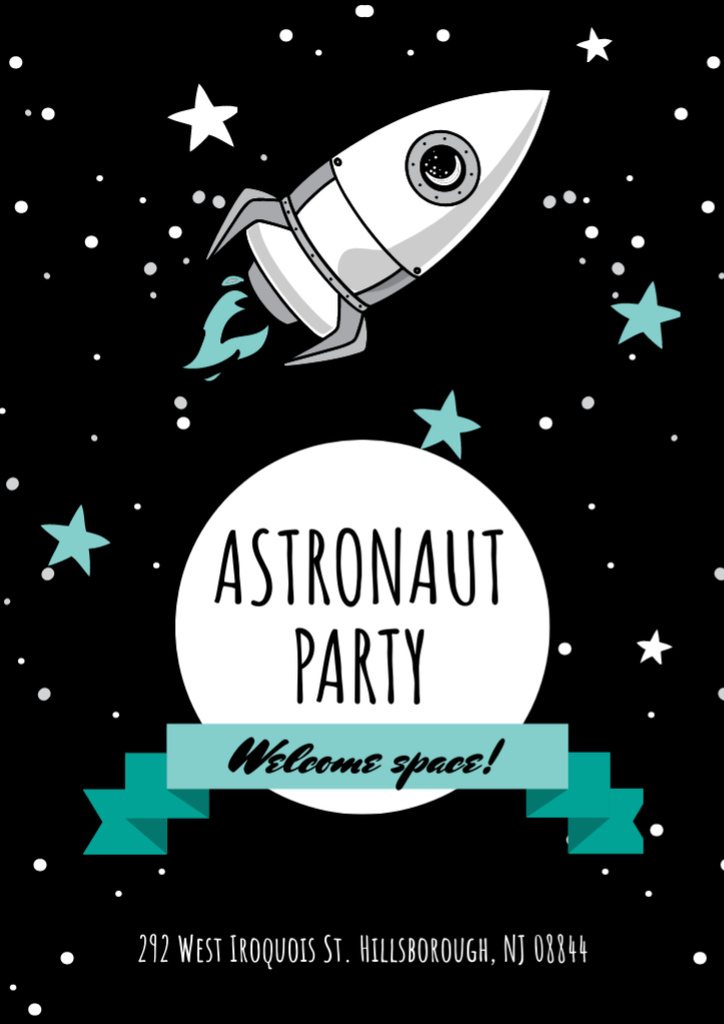 Ontwerpsjabloon van Flyer A4 van Astronaut Party Announcement with Rocket in Space