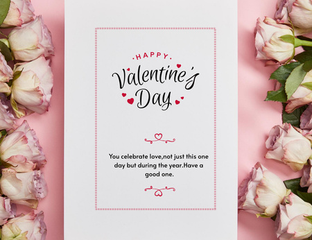 Happy Valentine's Day Greeting With Tea Roses in Pink Thank You Card 5.5x4in Horizontal Design Template