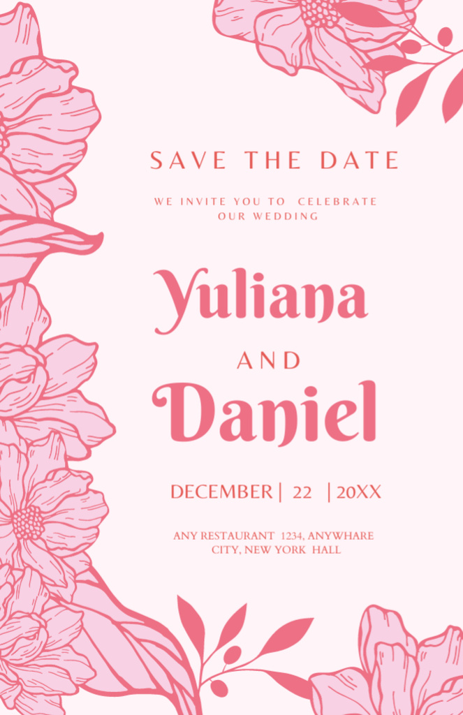 Pink Flowers Frame And Wedding Celebration Announcement Invitation 5.5x8.5in – шаблон для дизайна