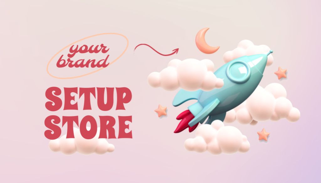 Designvorlage Online Store Advertising with Rocket and Clouds für Business Card US