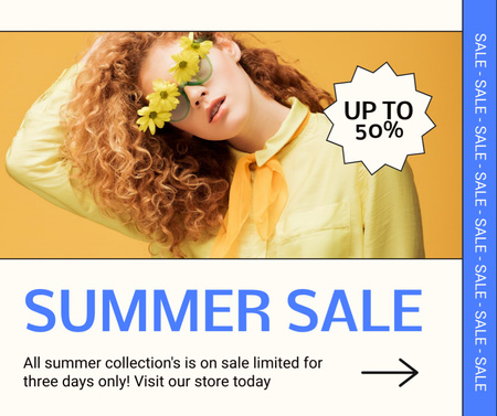 Venda de verão de roupas e acessórios em amarelo Facebook Modelo de Design