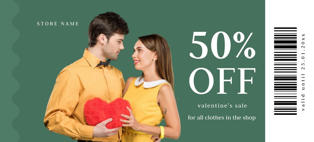 Ontwerpsjabloon van Coupon 3.75x8.25in van Valentine's Day Sale Announcement with Beautiful Couple in Love in Green