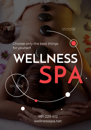 Plantilla de diseño de Anuncio de Wellness Spa con mujer relajante en masaje con piedras Flyer A5 