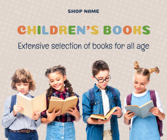 Children's Bookstore Ad with Kids reading Facebook Design Template