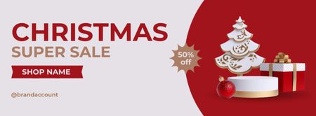 Modèle de visuel Grande vente de Noël avec arbre de Noël et cadeau - Facebook cover