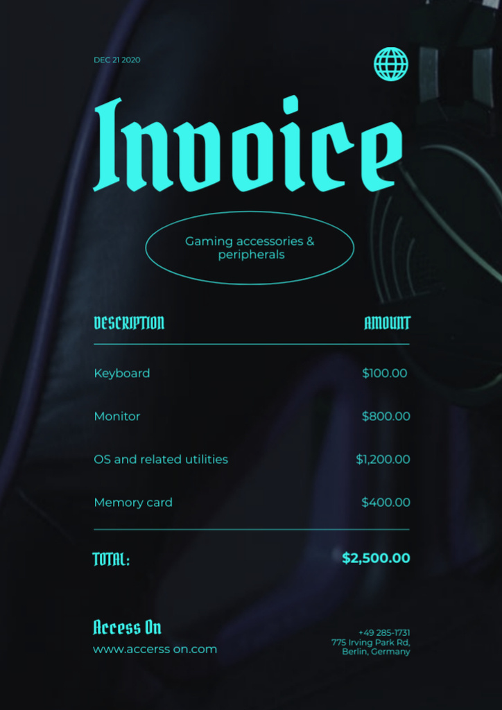 Proposal for Purchase of Gaming Equipment Invoice Design Template