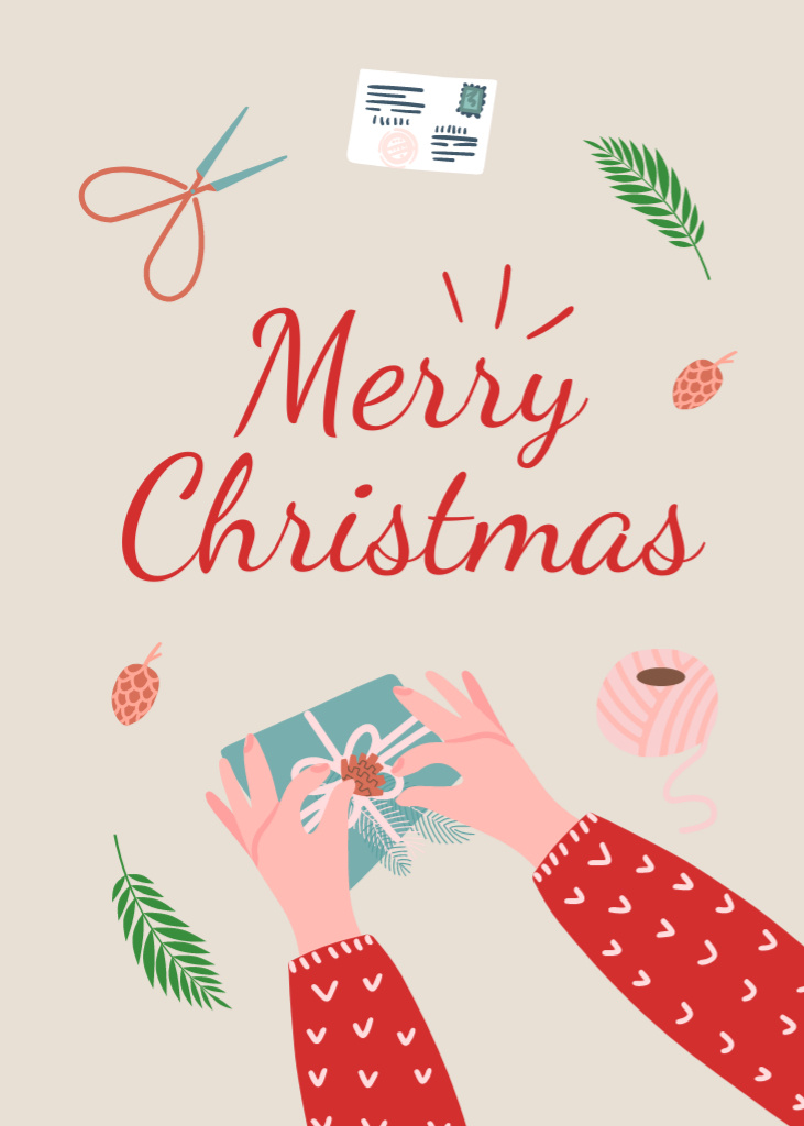 Traditional Christmas Congrats with Making Decoration by Hands Postcard 5x7in Vertical Design Template