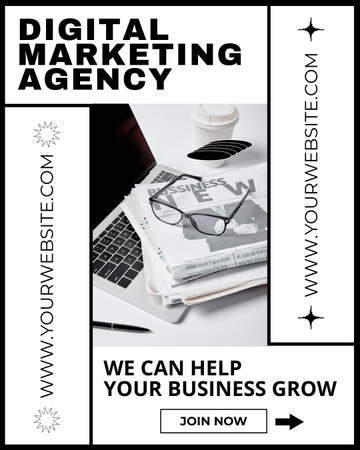 Serviços de agência de marketing digital com laptop e documentos Instagram Post Vertical Modelo de Design