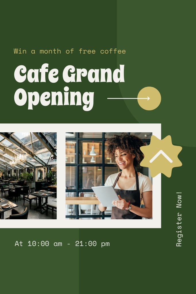 Platilla de diseño Announcement of Opening of Cafe with African American Waitress Pinterest