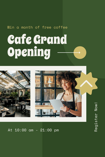 Ontwerpsjabloon van Pinterest van Announcement of Opening of Cafe with African American Waitress