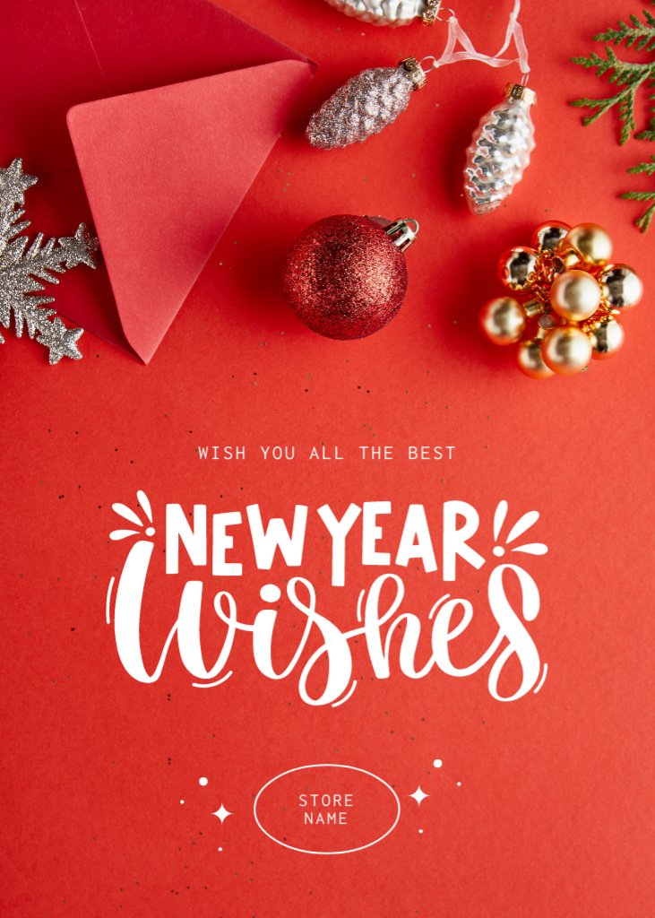 Ontwerpsjabloon van Postcard 5x7in Vertical van New Year Greetings with Bright Baubles In Red