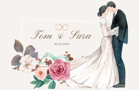 Wedding Party Invitation with Watercolor Couple and Flowers Thank You Card 5.5x8.5inデザインテンプレート