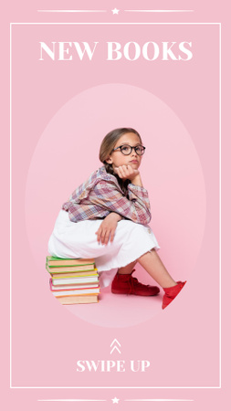Cute Girl Sitting on Pile of Books Instagram Story Modelo de Design