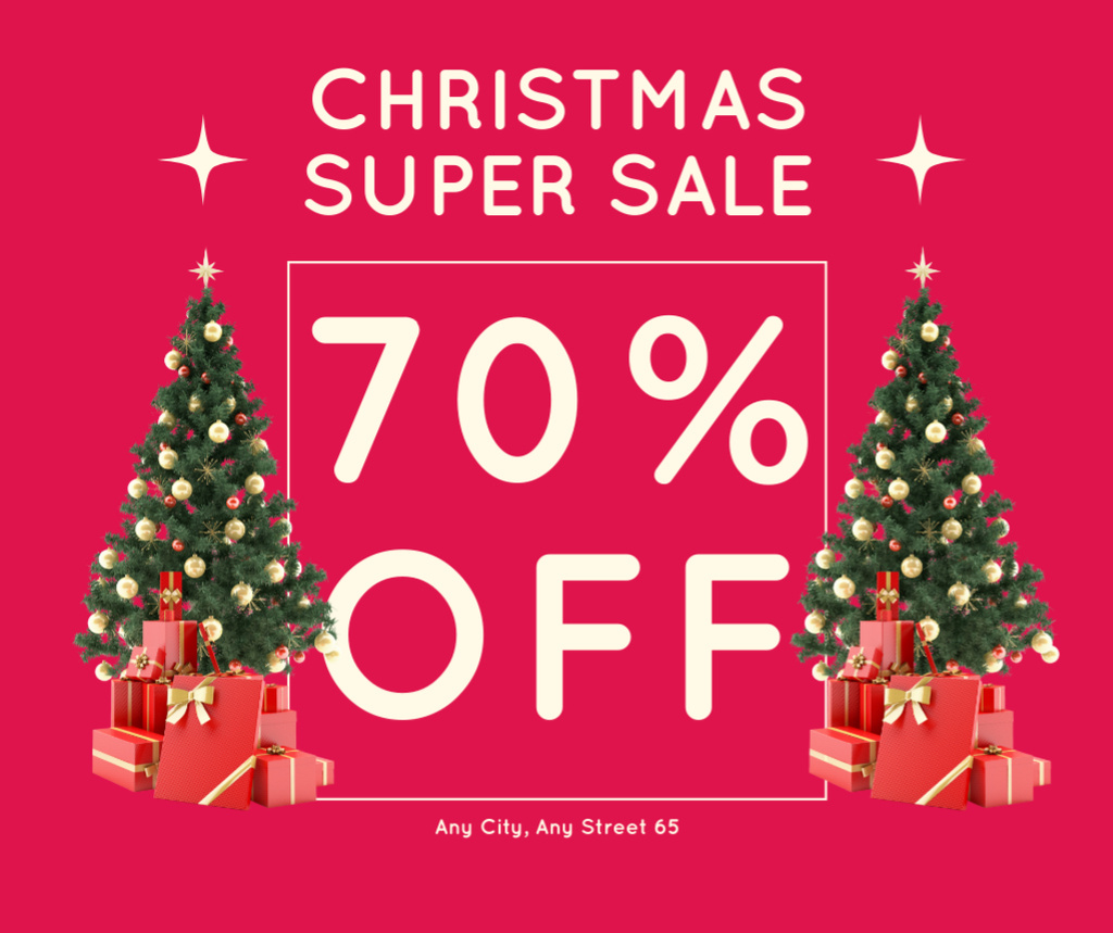 Christmas Big Sale Offer Decorated Trees with Presents Facebook Design Template