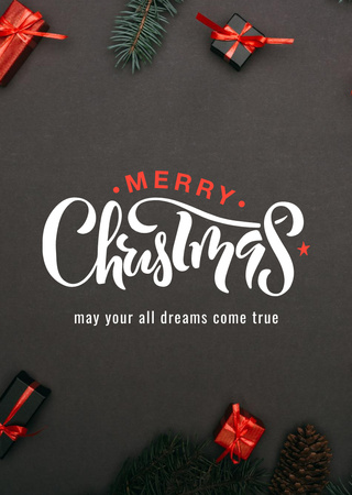 Designvorlage Weihnachtsfeiertags-Gruß mit Geschenken im Schwarzen für Postcard A6 Vertical
