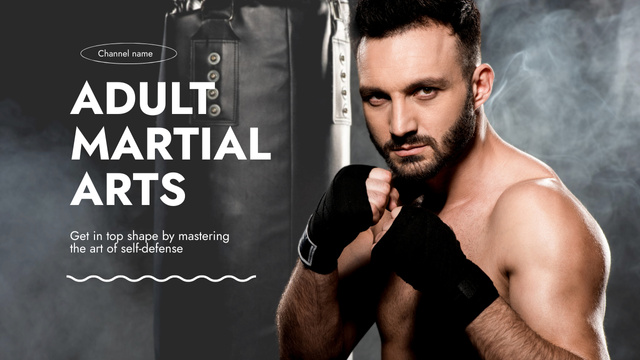 Adult Martial Arts Ad with Strong Fighter Youtube Thumbnail Design Template