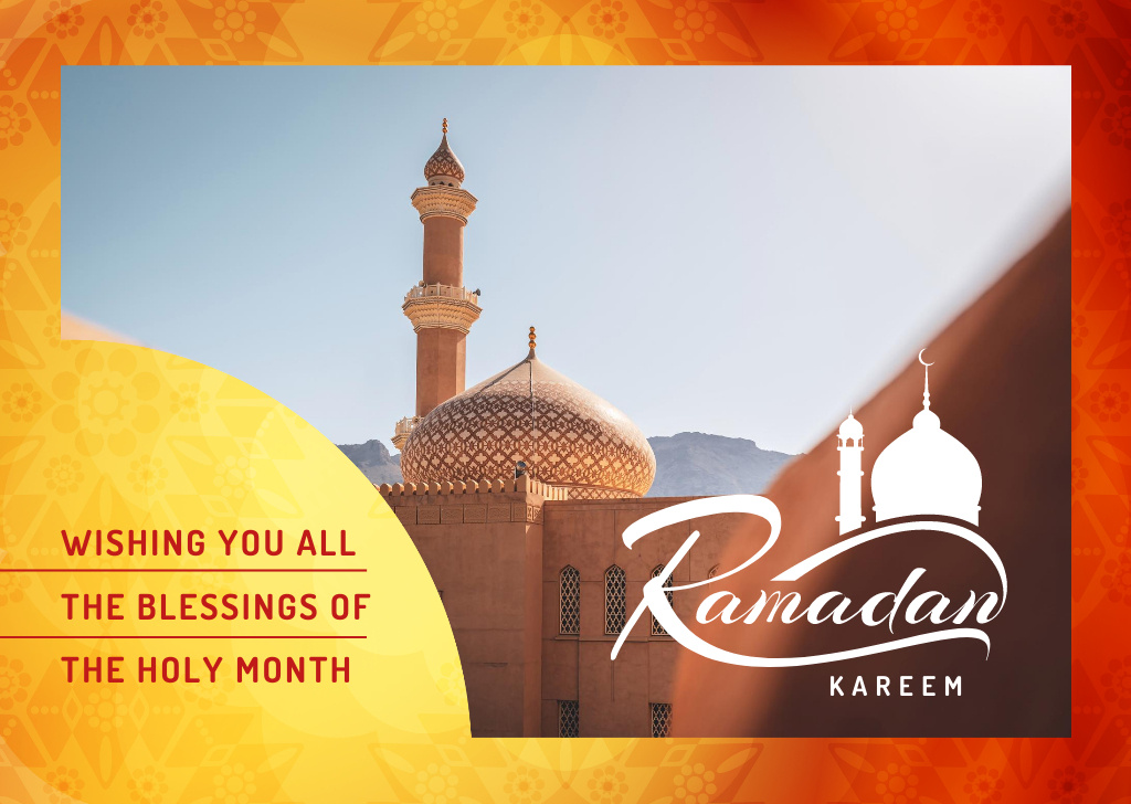Ontwerpsjabloon van Postcard van Ramadan Kareem Wishes with Muslim Mosque Building
