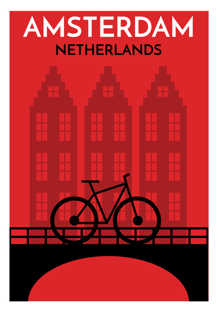 Amsterdam Buildings and Bike Silhouette on Red Poster 28x40in Πρότυπο σχεδίασης