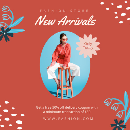 Nová reklama na příchod módy se stylovou ženou na stoličce Instagram Šablona návrhu