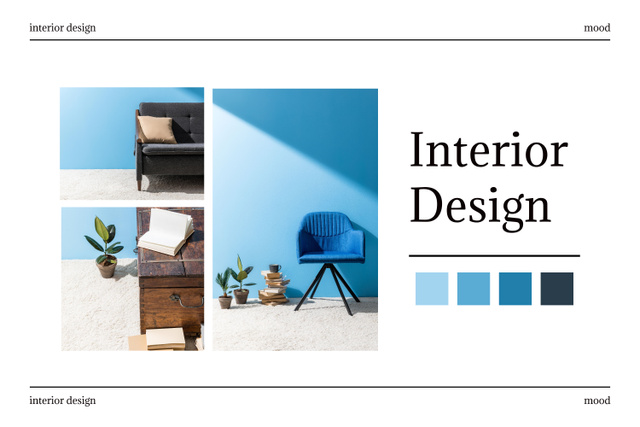 Interior Design Elements of Furniture in Blue Mood Board Modelo de Design