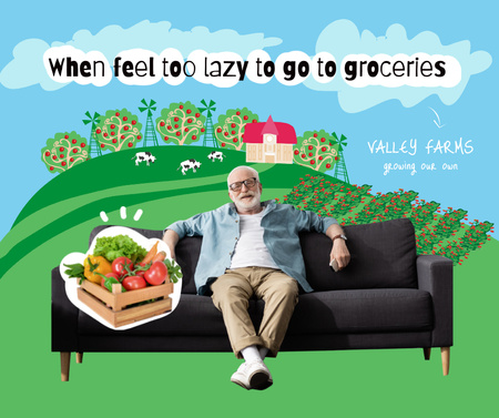 Farm Food Ad with Old Man sitting on Sofa Facebook Modelo de Design