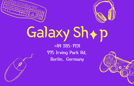 Plantilla de diseño de Oferta de tienda de gadgets de videojuegos en púrpura Business Card 85x55mm 